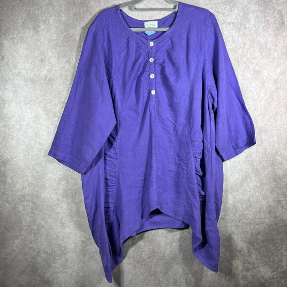 Mosaic‎ Linen Tunic Top Large Purple Ruched Sharkbite Hem Long Sleeve Casual - Picture 1 of 7